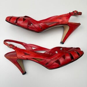 Vintage Red Leather Slingback Heels Strappy  Office Siren Peep Toe Size 8.5M